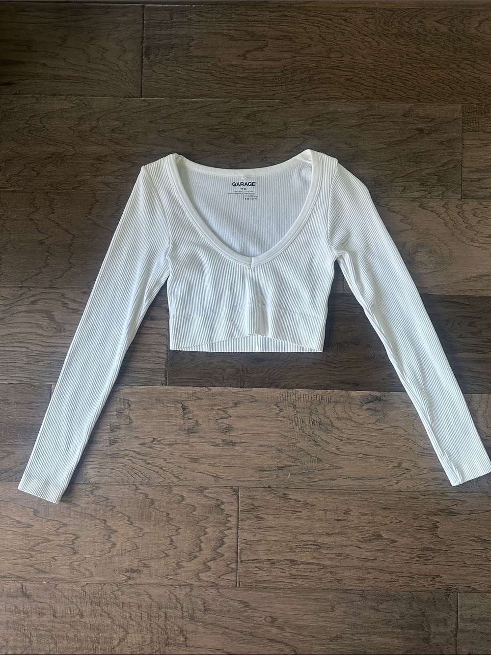 Garage White Ribbed Long-Sleeve Cropped Top